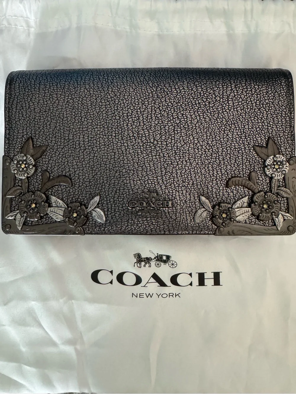 COACH Metallic Pewter Floral Appliqué Leather Foldover Chain Clutch